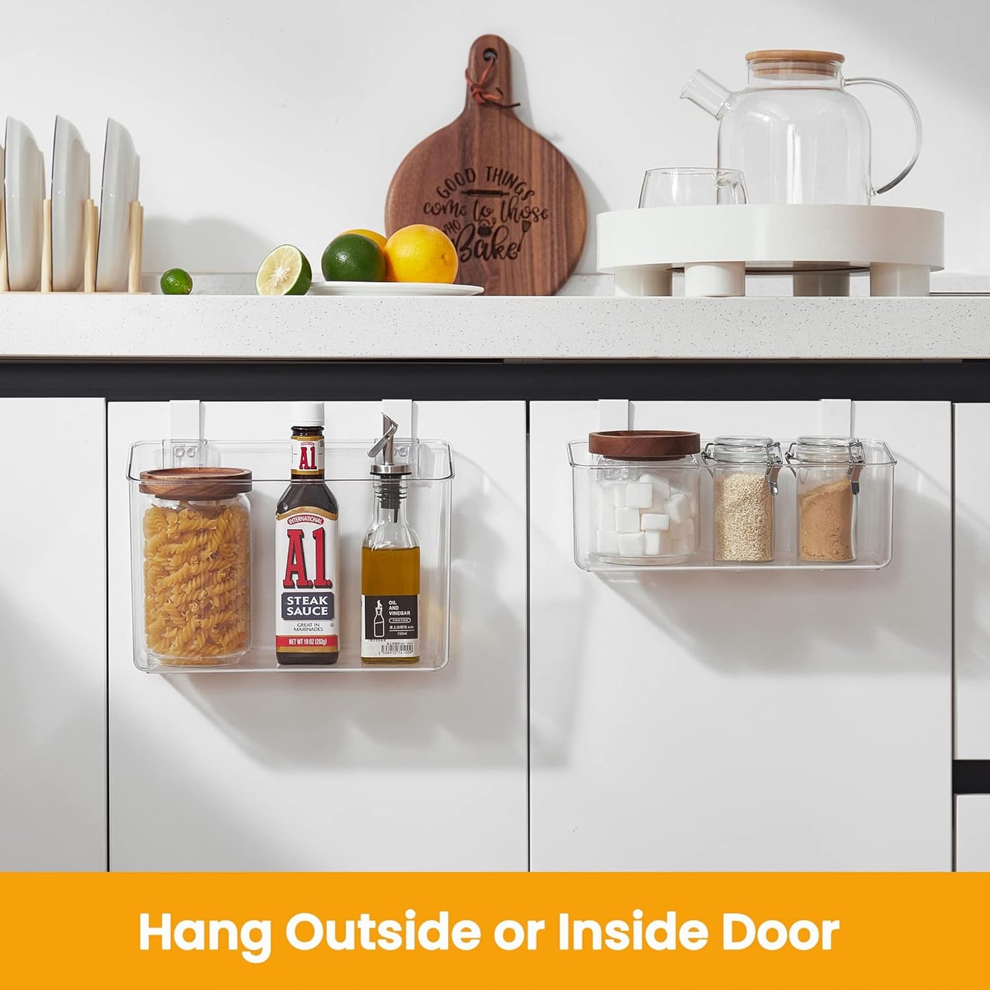 vacane Plastic Over Cabinet Door Organizer with Removable Hooks, Clear Hanging Baskets for Kitchen, Pantry, Bathroom