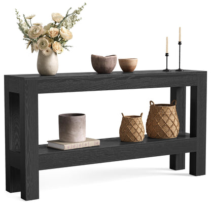 LITTLE TREE 63-Inch Black Console Table for Entryway, Narrow Long Wooden Entry Table for Living Room, Hallway, Sofa, Entrance, Foyer, Behind Couch with 2-Tier Storage Shelves
