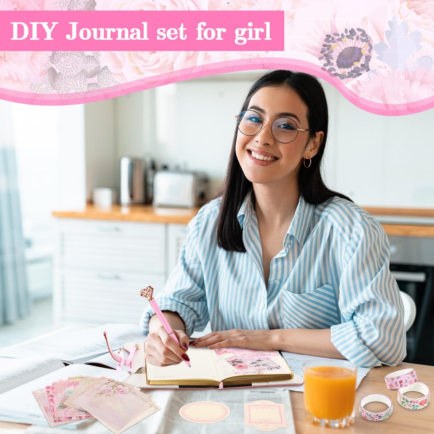 Janlaugh DIY Journal Diary with Lock Set Scrapbook Kit Stationary Diary Supplies Art Crafts Kit for Birthday Holidays Ideal Gifts for Women Teen Girls(Pink,Classic)