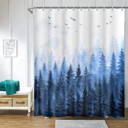 ChloropLastid Mountain Forest Shower Curtain Nature Blue Woodland Foggy Tree Mountain Waterproof Fabric Bath Curtain Decorative Pine Tree Fog Magic Bath Curtains for Home 72x72 inch