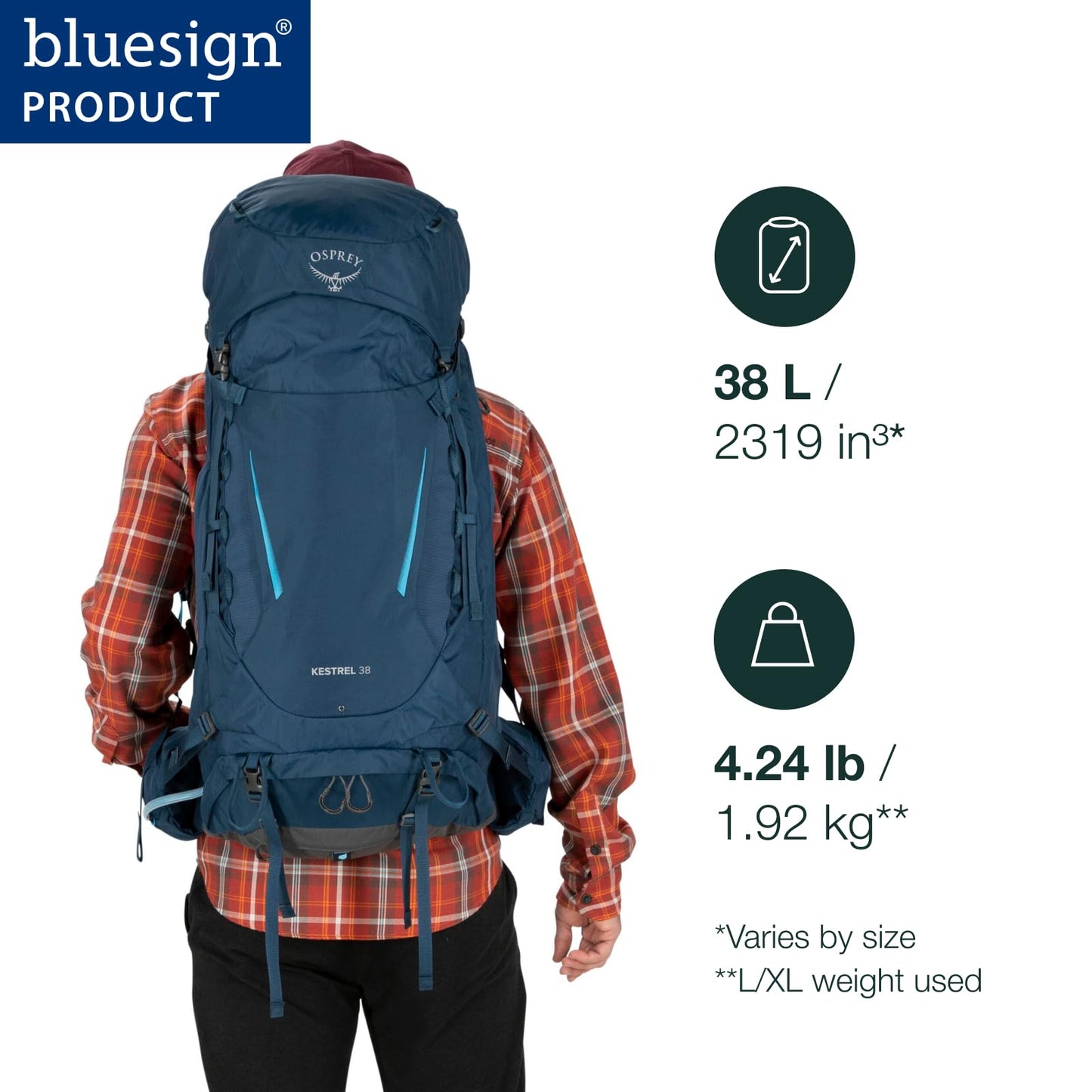 Osprey Kestrel 38L Men's Backpacking Backpack, Black, S/M