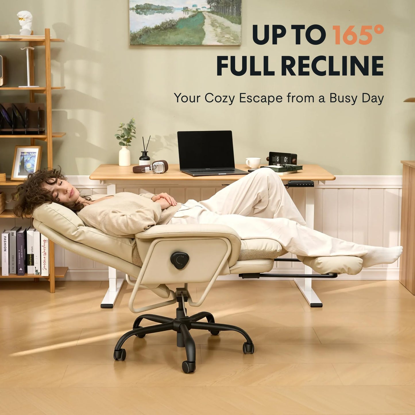 FLEXISPOT Ergonomic Office Chair with Footrest High Back Computer Desk Chairs Indoor Lounge Chair with Wheels 90-165° Reclining Lumbar Support, Chairs for Working Relaxing Cross Legged, Leather, White