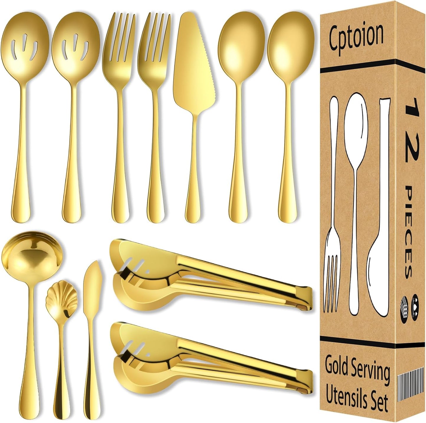 Gold Serving Utensils Set - 12 Pcs Stainless Steel with Slotted Spoons, Forks, Tongs, and Soup Ladle
