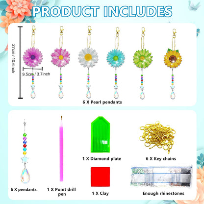 JeCuiK 6 Pcs Daisy Diamonds Painting Wind Chimes Suncatcher Double Sided Flower Rhinestone Painting Wind Chime 5D DIY Crystal Diamond Painting Kits Paint by Number Hanging Ornaments Mom Gifts