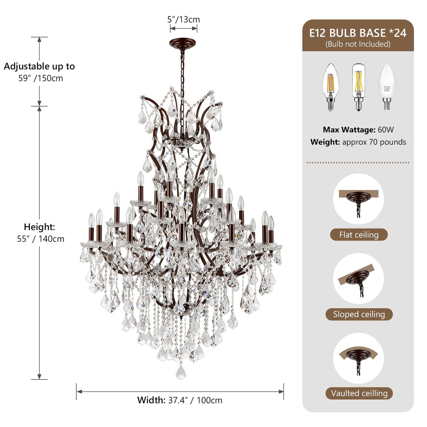 HUANXISHA 24 Lights Large Crystal Chandeliers Maria Theresa Chandelier for High Ceilings Vintage Chandelier Light Fixture Foyer Hallway Entryway Staircase 55.1" H x 39.4" D
