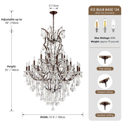 HUANXISHA 24 Lights Large Crystal Chandeliers Maria Theresa Chandelier for High Ceilings Vintage Chandelier Light Fixture Foyer Hallway Entryway Staircase 55.1" H x 39.4" D