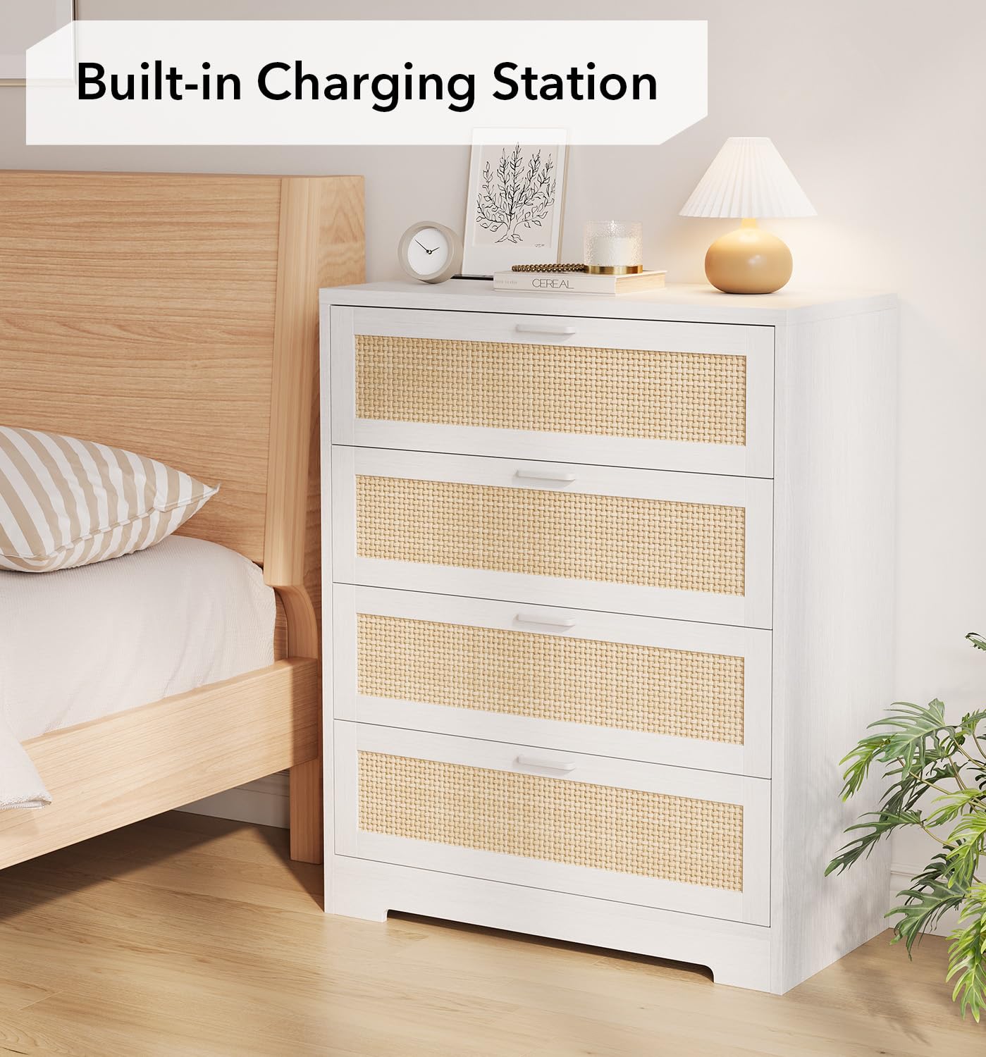 GarveeHome Rattan Dresser, Tall Chest of Drawers, Wood Dresser for Bedroom, Closet, Living Room, Hallway (White, 15.8" D x 31.5" W x 38.6" H (4 Rattan Drawers))