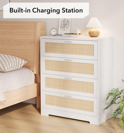 GarveeHome Rattan Dresser, Tall Chest of Drawers, Wood Dresser for Bedroom, Closet, Living Room, Hallway (White, 15.8" D x 31.5" W x 38.6" H (4 Rattan Drawers))