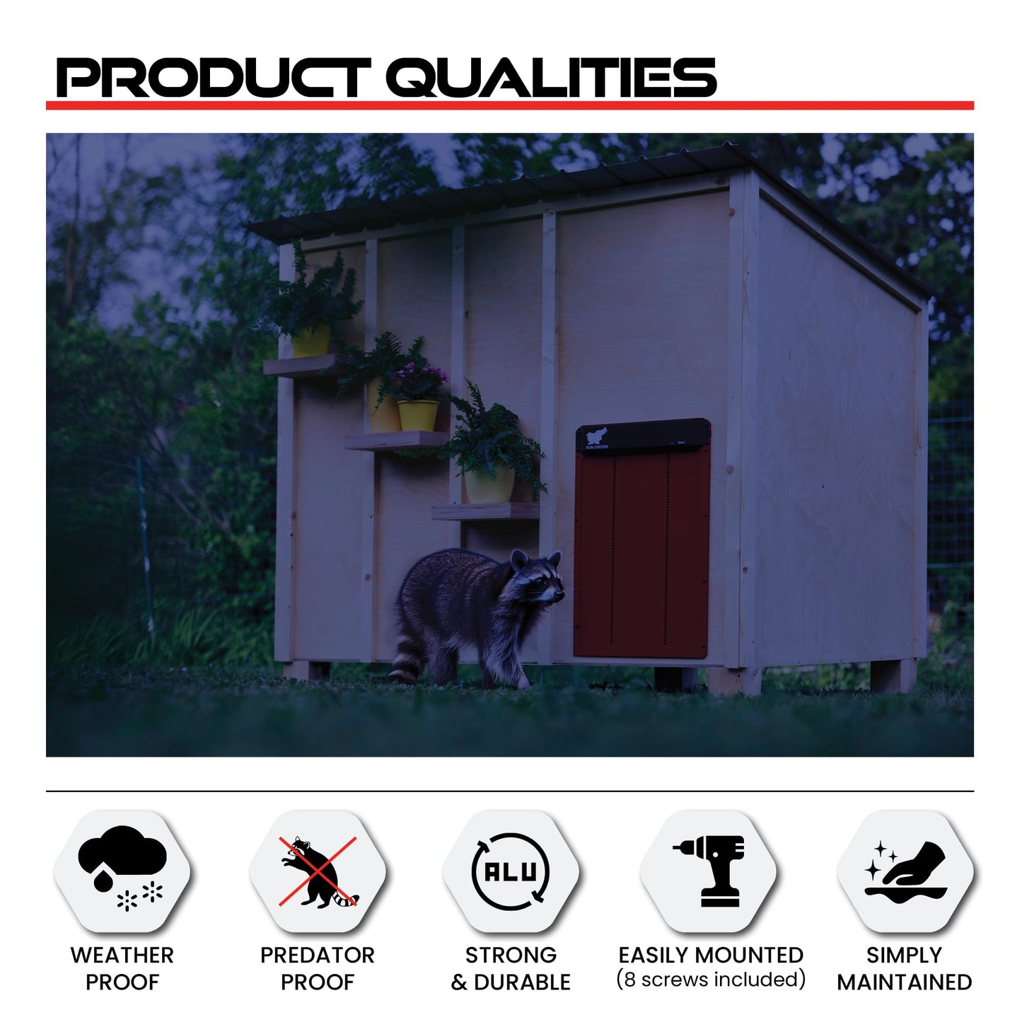 RUN-CHICKEN Door Giant – Large Automatic Poultry Coop Door for Ducks & Turkeys, Not for Chickens, Battery Powered/Solar Compatible, Heavy-Duty Aluminum, Predator Proof, Easy Install (Red)