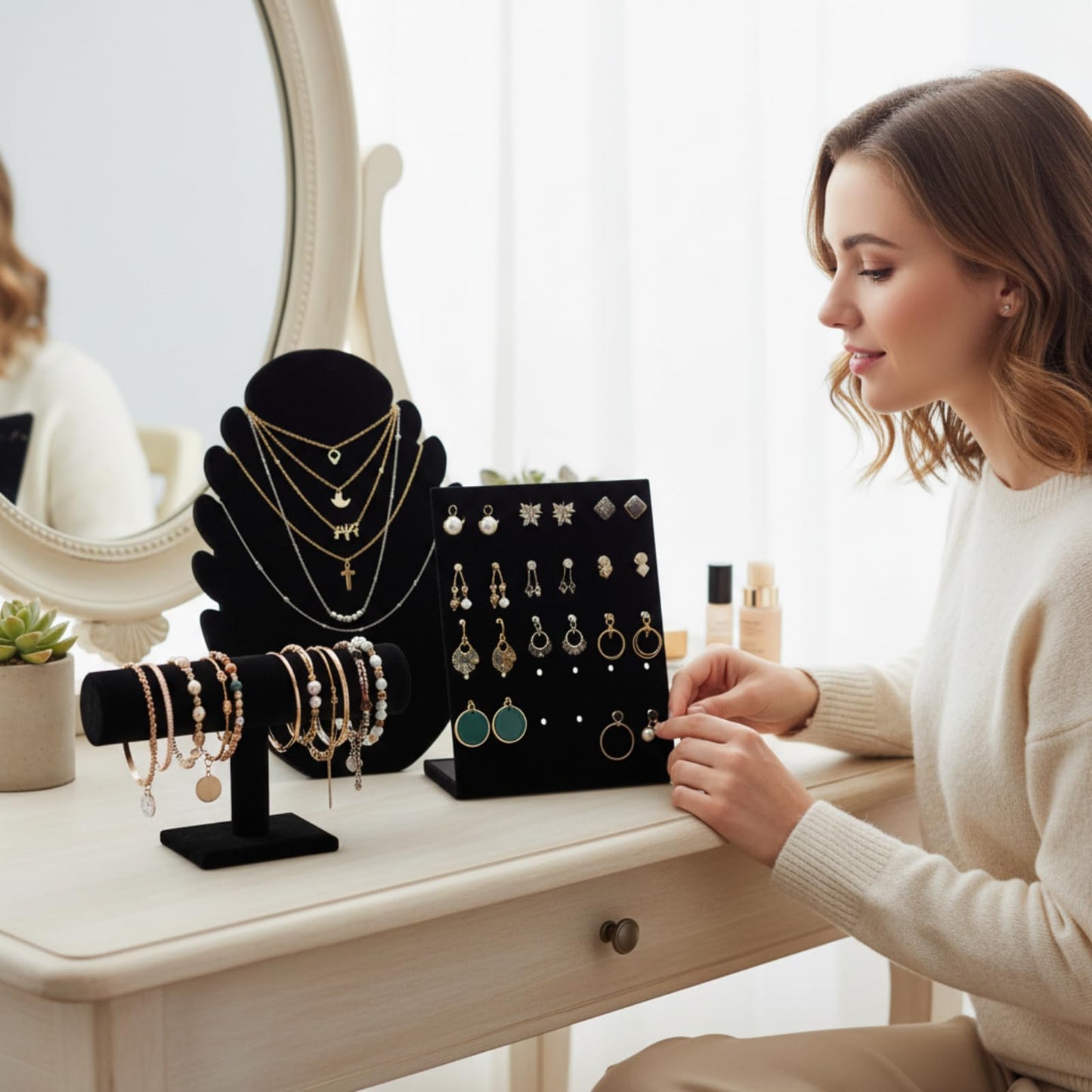 Fliqor 3 Pcs Black Velvet Jewelry Display Set, Necklace Bust Mannequin, T-Bar Bracelet Holder & L-Shaped Earring Rack, Jewelry Display Stand for Selling, Shows, Photography & Home Organization
