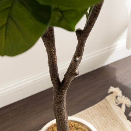 Kate and Laurel Fidmont Faux Fiddle Fig Tree with Claudel Scalloped Planter Pot, 6 FT, Black, Potted Artificial Tree Indoor with Realistic Foliage and Added Moss, Fake Plant for Living Room Decor