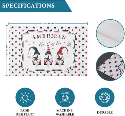 LooPoP Placemats Set of 6, Independence Day 4th of July Placemat for Dining Table Decorations, Cute Gnome Patriotic
