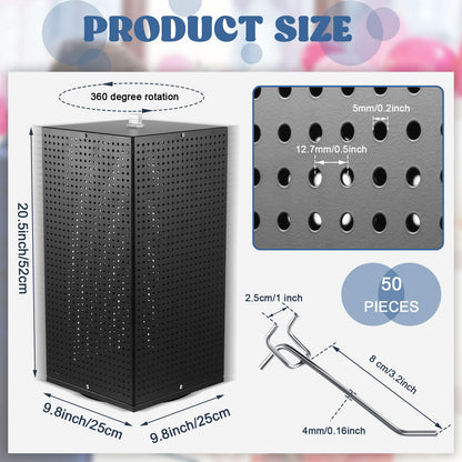 Geelin Metal Pegboard Display with Pegboard Hooks, 9.8 x 9.8 x 20.5 In Rotating Display Stand Display Racks for Craft Shows Pegboard Organizer with Peg Hooks for Jewelry Organizing Retail (Black)
