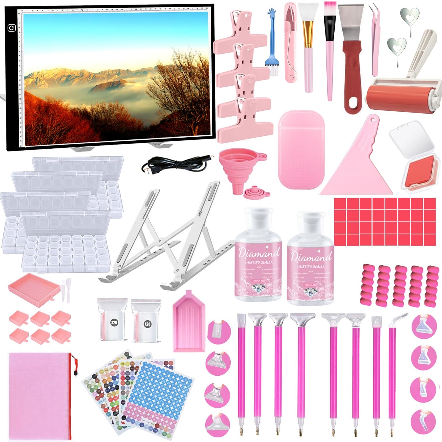 NLXCXUCY 244Pcs Diamond Art Accessories Kit All-Inclusive Diamond Painting Tool Set with A3 Diamond Painting Light Pad,Diamond Art Sealer Glue, Diamond Correction Pens, Storage Box for DIY Craft