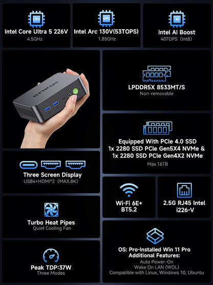 GMKtec K17 AI Mini PC, Intel Core Ultra 5 226V (Up to 4.5GHz), 16GB LPDDR5X 8533MT/s, 1TB PCIe 4.0 SSD, 97 Tops AI, Intel Arc 130V, Dual M.2 (Gen5+Gen4) Up to 16TB, USB4, 8K Triple Display, WiFi 6E