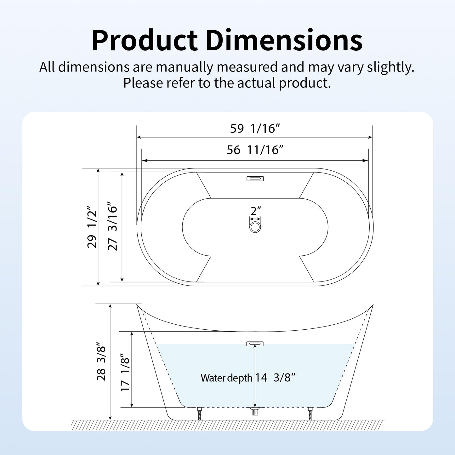 DeerValley 59" Free Standing Bathtub, Acrylic Soaking Tub with Center Drain & Integrated Overflow, Modern Standalone Shower Tub White, Deep Soaker, Ergonomic Design, DV-1T151S