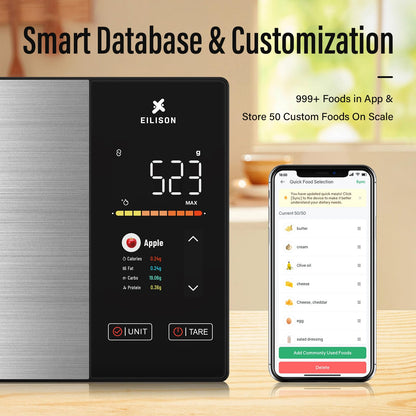 EILISON Smart Kitchen Scale with Nutrition Calculator, Digital Food Scale, Large TFT Color Display, Bluetooth App for 999+ Foods, Calorie Counter & 24 Nutrients Analyzer, 5000g Capacity (Black)