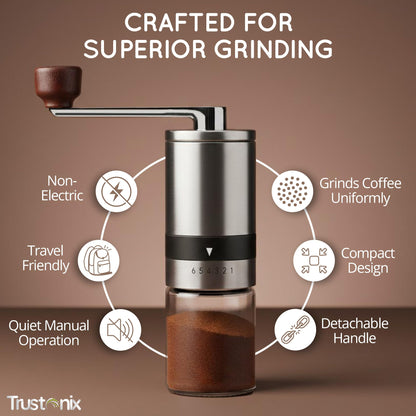 Trustonix - Portable Hand Coffee Grinder | Portable Coffee Grinder for Travel | Cocoa Beans Grinder | Portable & Compact Design | Smooth Grinding | Easy To Use | Higher Efficiency | Powerful & Stable
