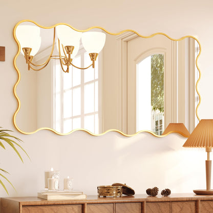 Kelly Miller 28x50 Inch Gold Scalloped Mirror, Large Rectangular Wavy Edge Bathroom Vanity Wall Mirror Decorative for Bedroom Living Room Entryway Fireplace Mantle