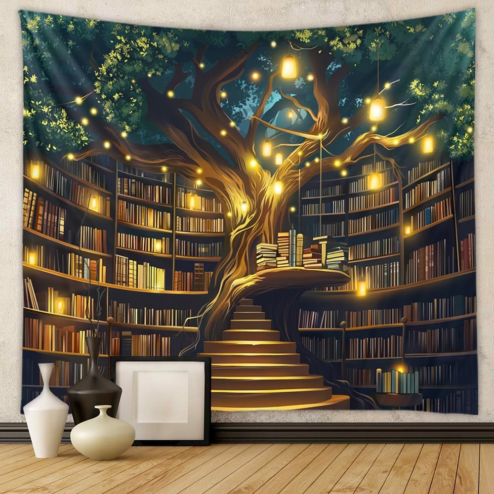 36"x48" Jhdstore Tree of life Tapestry Wall Hanging Fantasy Library Tapestry for Bedroom Mysterious Tree Bookshelf