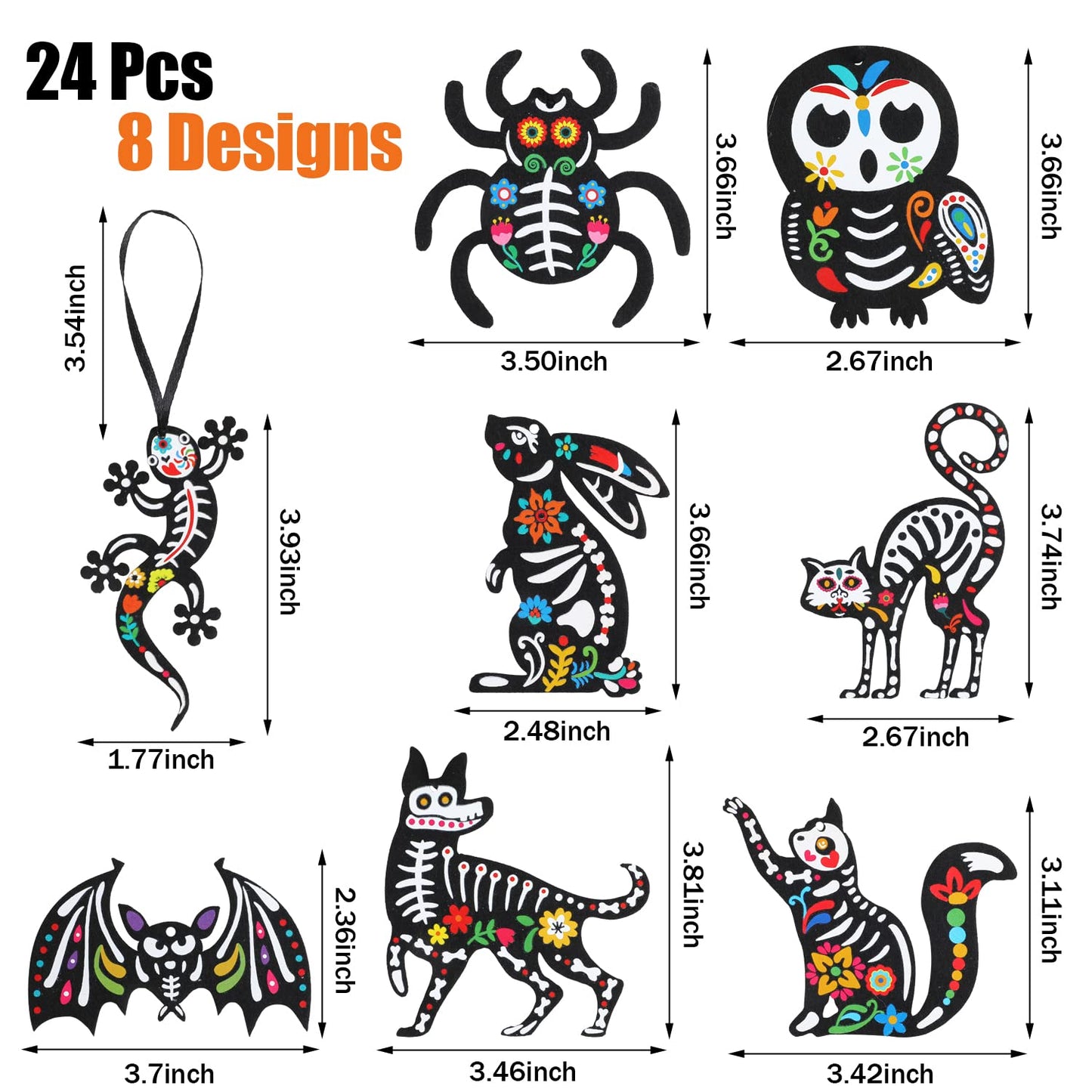 CCINEE 24Pcs Dia De Los Muertos Felt Ornaments, Mexcian Skeleton Halloween Ornaments for Day of The Dead Themed Party School Bags Indoor Outoor Tree Hanging Decorations (Pack of 2)