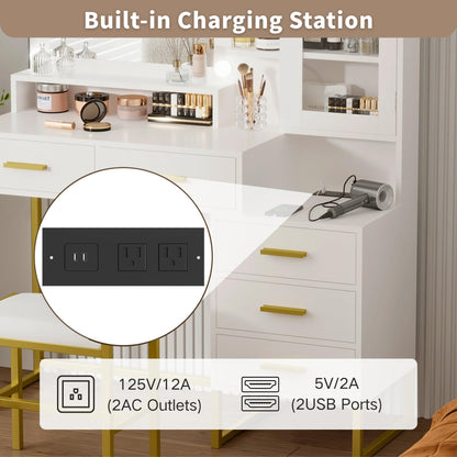IDEALHOUSE Vanity Desk with Mirror and Lights, 43" Makeup Vanity Set with Stool, LED Lighted Mirror with 10 Bulbs, Drawers, Shelves & Charging Station, Dressing Table with Chair for Bedroom, White