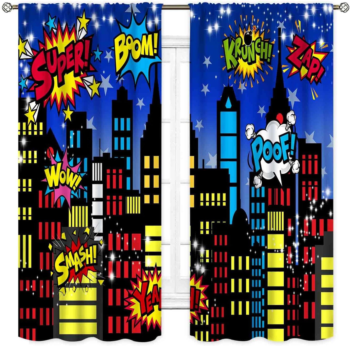 TKUYO 2 Sets, 42"x63" Inch Superhero City Curtains, Comic Night Starry Skyline Cityscape Buildings Comic Blackout