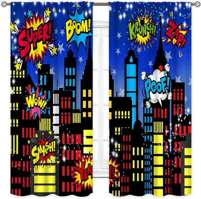 TKUYO 2 Sets, 42"x63" Inch Superhero City Curtains, Comic Night Starry Skyline Cityscape Buildings Comic Blackout