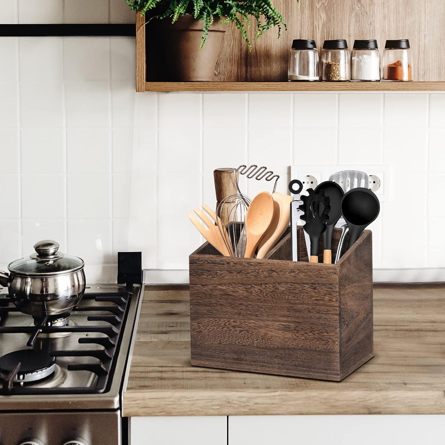 Wooden Kitchen Utensil Caddy with 2 Compartments, Rustic Holder for Kitchen Countertop, Wood Organizer Box
