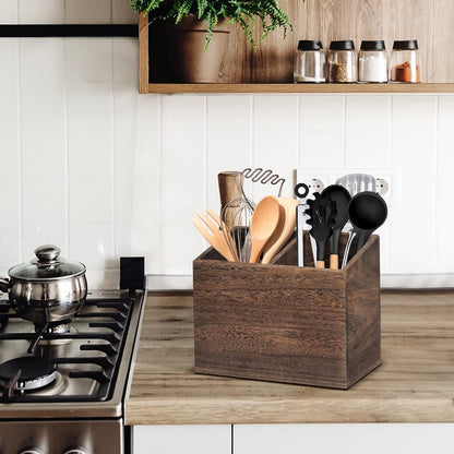 Wooden Kitchen Utensil Caddy with 2 Compartments, Rustic Holder for Kitchen Countertop, Wood Organizer Box