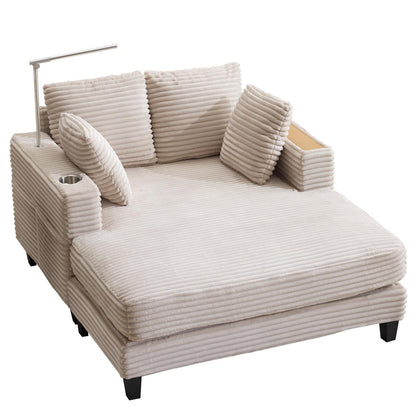 AEDI Oversized Chaise Lounge Chair with Reading Light & USB Charging,Sleeper Sofa with Cup Holder, Solid Wood Frame,for Living Room,Bedroom(Corduroy Beige)