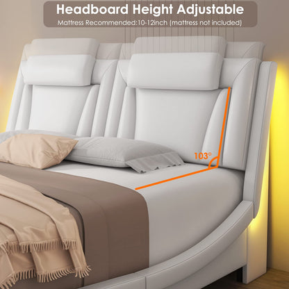 Keyluv King Size LED Bed Frame with Adjustable Headboard & Removable Pillow, PU Leather Upholstered Platform Bed, Wave-Like Curve Safety Design, Solid Wooden Slats Support, Easy Assembly, White