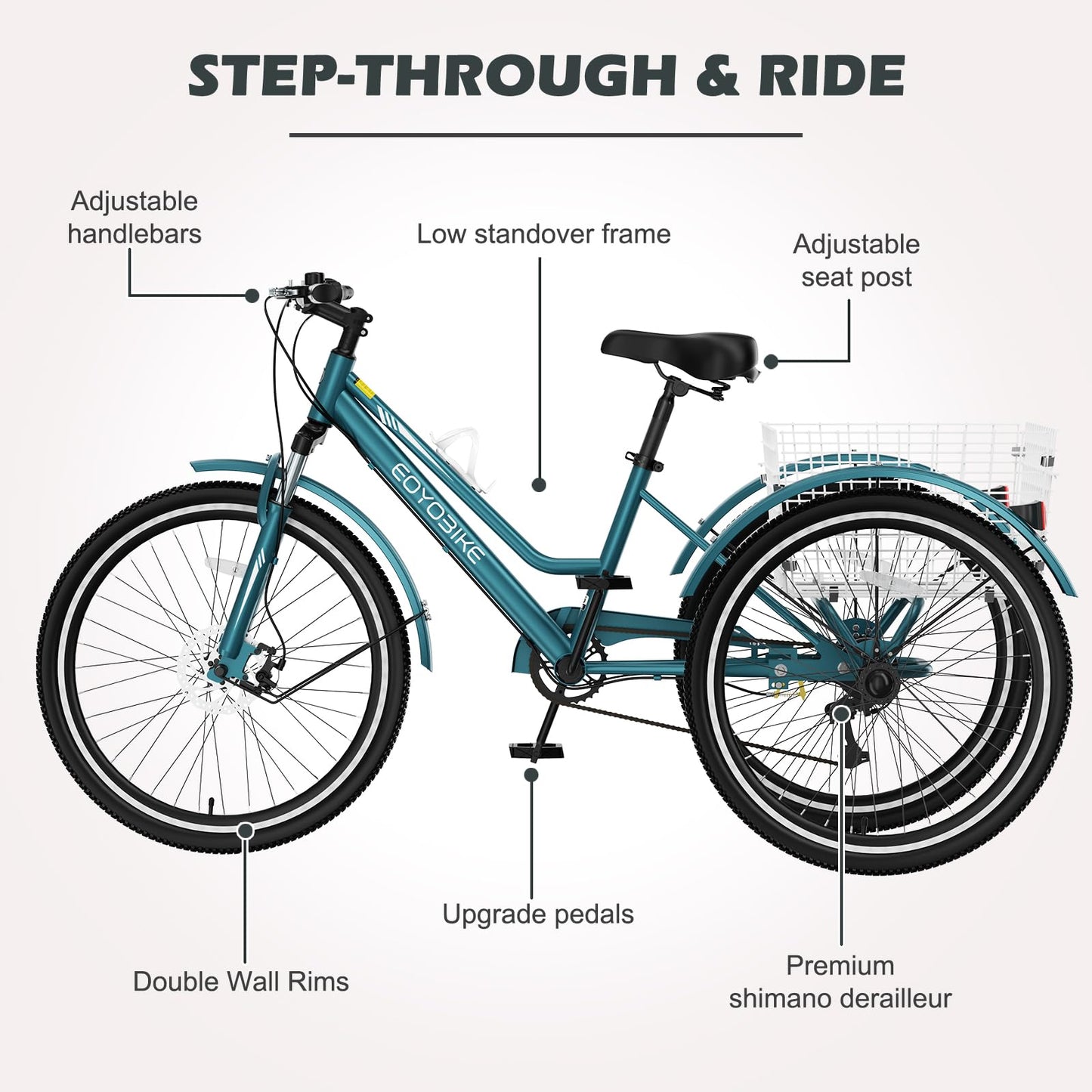ABORON Adult Mountain Tricycle, 7-Speed 3-Wheel Mountain Bikes 24/26/27.5inch Available, Front Suspension, Disc Brake (Step-Through Peacock Green, 24" Wheels)
