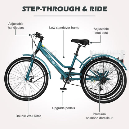 ABORON Adult Mountain Tricycle, 7-Speed 3-Wheel Mountain Bikes 24/26/27.5inch Available, Front Suspension, Disc Brake (Step-Through Peacock Green, 24" Wheels)