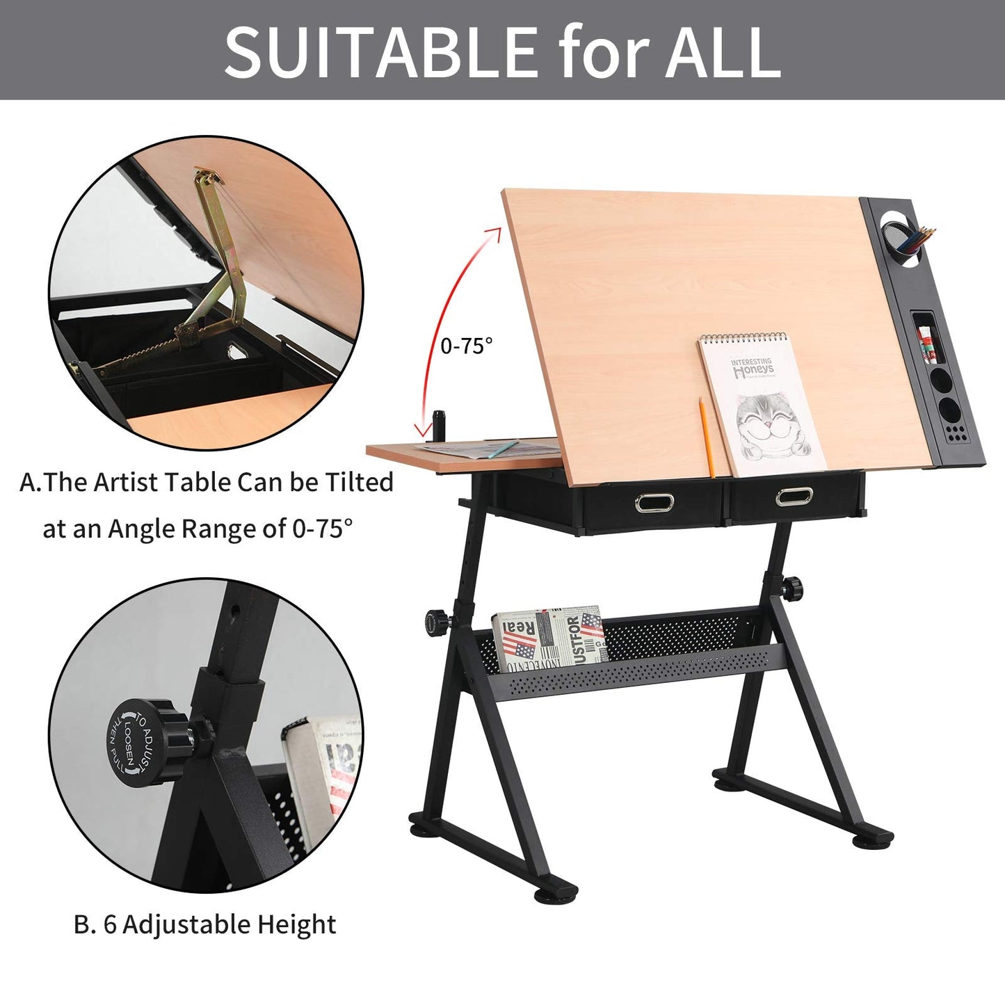 Waful Height Adjustable Drafting Draft Drawing Art Table Desk Tiltable Tabletop Art Craft Paintings Work Station Artist Table for w/ 2 Storage Drawer for Reading, Writing Art Craft Work Station