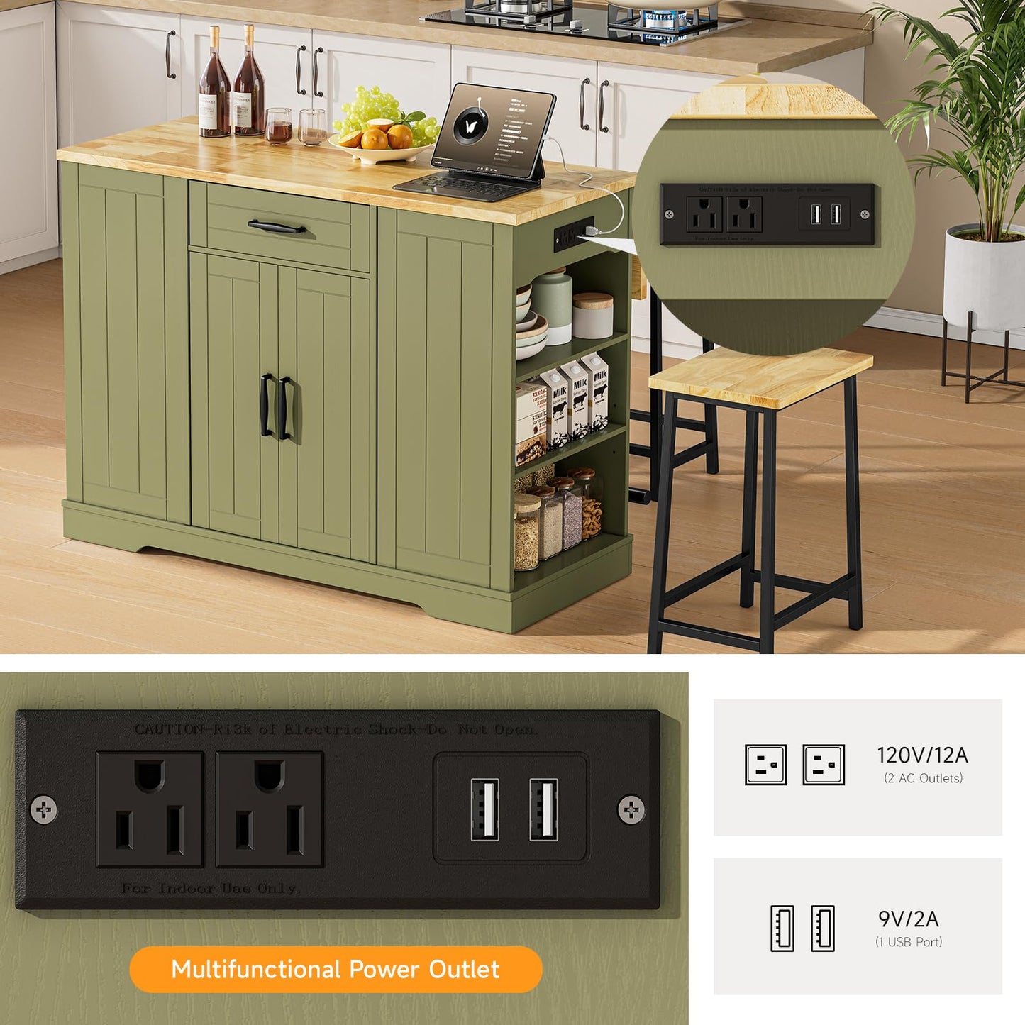 ONBRILL Stationary Kitchen Islands Include 2 Chairs, 47" Kitchen Island with Drop Leaf, Home Bar Table with Spice Rack & with Trash Cabinet, Island Table for Dining Room with Power Outlet, Green