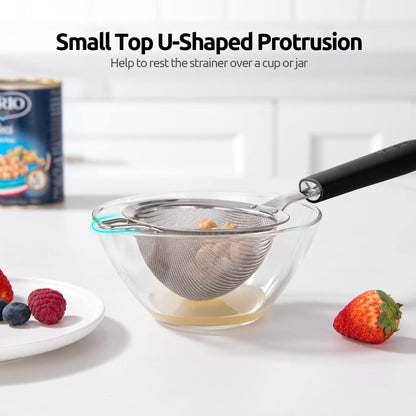 18/8 Stainless Steel Mesh Strainer: U-Taste 3.9 Inch Kitchen Fine Mesh Sieve Food Colander with Riveted Sturdy Silicone Handle and 30 Mesh Hole for Straining Flour, Quinoa, Tea, Juice (Black)
