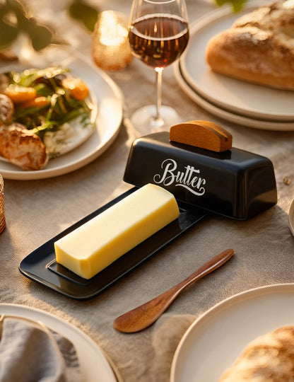 Black Butter Dish with Lid and Knife，Black Butter Tray，Ceramic Butter Holder for Counter Humanized Clamp-able Knife Handle Design Perfect for East West Coast Butter