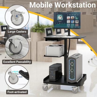 Natwind Mobile Workstation Cart with Monitor Mount, Height Adjustable Rolling Computer Desk with Cable Management Tidy, Heavy-Duty Standing Desk with CPU Holder for Office, School, Medical, Workshop