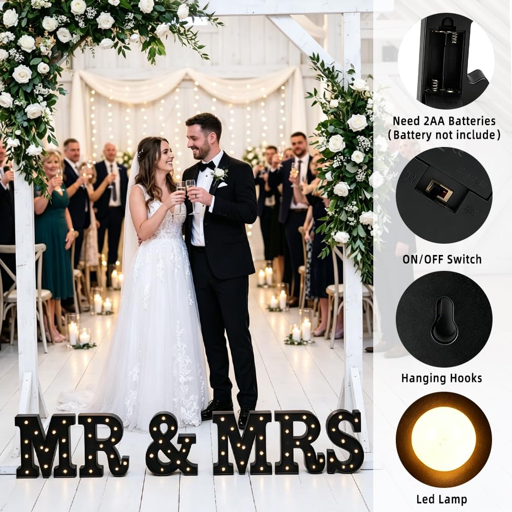 CDIXlmuz Mr & Mrs LED Light Up Letters, Mr & Mrs Sign for Wedding Table, Black LED Marquee Letter Lights Engagement Wedding Decoration, Photo Props, Valentine's Day Anniversary, Battery Operated