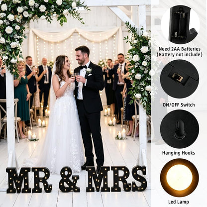 CDIXlmuz Mr & Mrs LED Light Up Letters, Mr & Mrs Sign for Wedding Table, Black LED Marquee Letter Lights Engagement Wedding Decoration, Photo Props, Valentine's Day Anniversary, Battery Operated