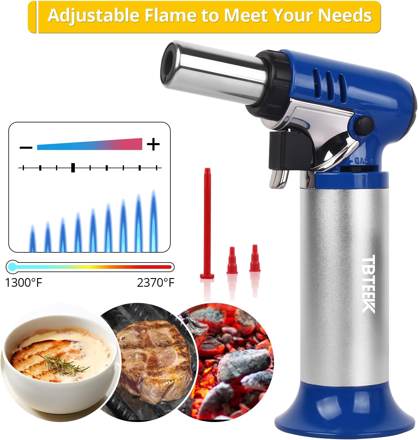 TBTEEK Butane Torch T907 with Fuel Gauge, One-Hand Operation Kitchen Lighter for BBQ, Baking, Crafts (Blue)