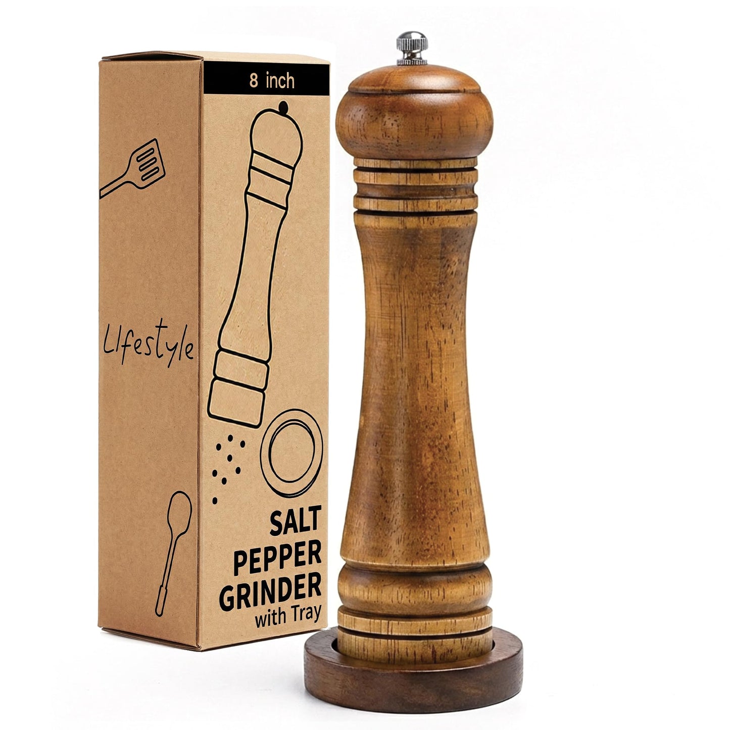 M JINGMEI Wood Salt and Pepper Grinder, Salt Grinder and Pepper Mill, Oak Wood Shakers with Adjustable Ceramic Grinders (8″ - 1 Pack with Tray)