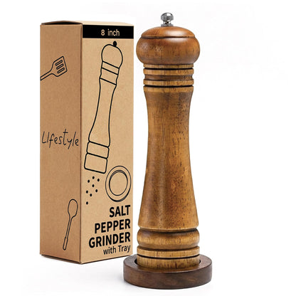 M JINGMEI Wood Salt and Pepper Grinder, Salt Grinder and Pepper Mill, Oak Wood Shakers with Adjustable Ceramic Grinders (8″ - 1 Pack with Tray)