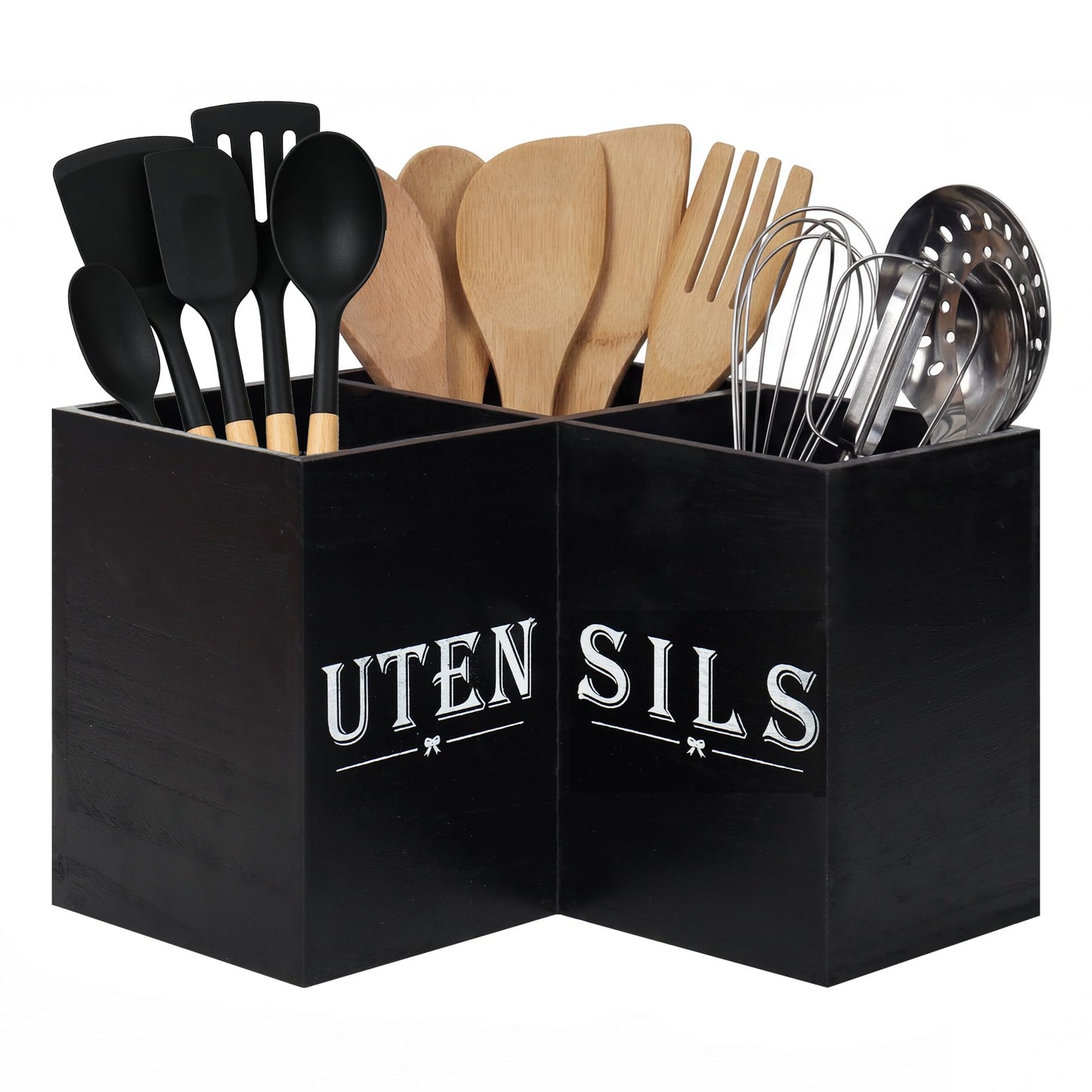 Top-spring Extra Large Utensil Holder for Kitchen Counter - Wooden Cooking Utensils Holder - Rustic Farmhouse Decor Kitchen Corner Utensil Organizer with 3 Compartment, Black Wood Utensil Caddy