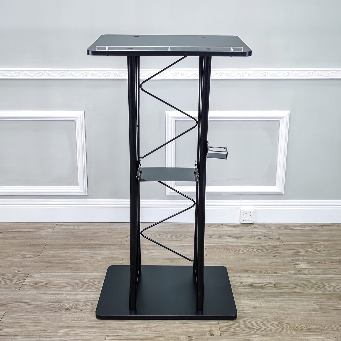 FixtureDisplays® Wood (MDF) Top, Metal Truss Podium Pulpit Lectern 23.8 X15.9 X46" with A Cup Holder Black 21854-X-NEW-NPF