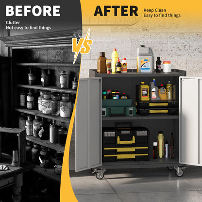 ExploreHorizon 35.43" High Heavy Duty Garage Storage Cabinet, Locking Metal Cabinet with Door, Rolling Tools Chest Cart Adjustable Shelf, Tool Cabinets for Home Office Workshop