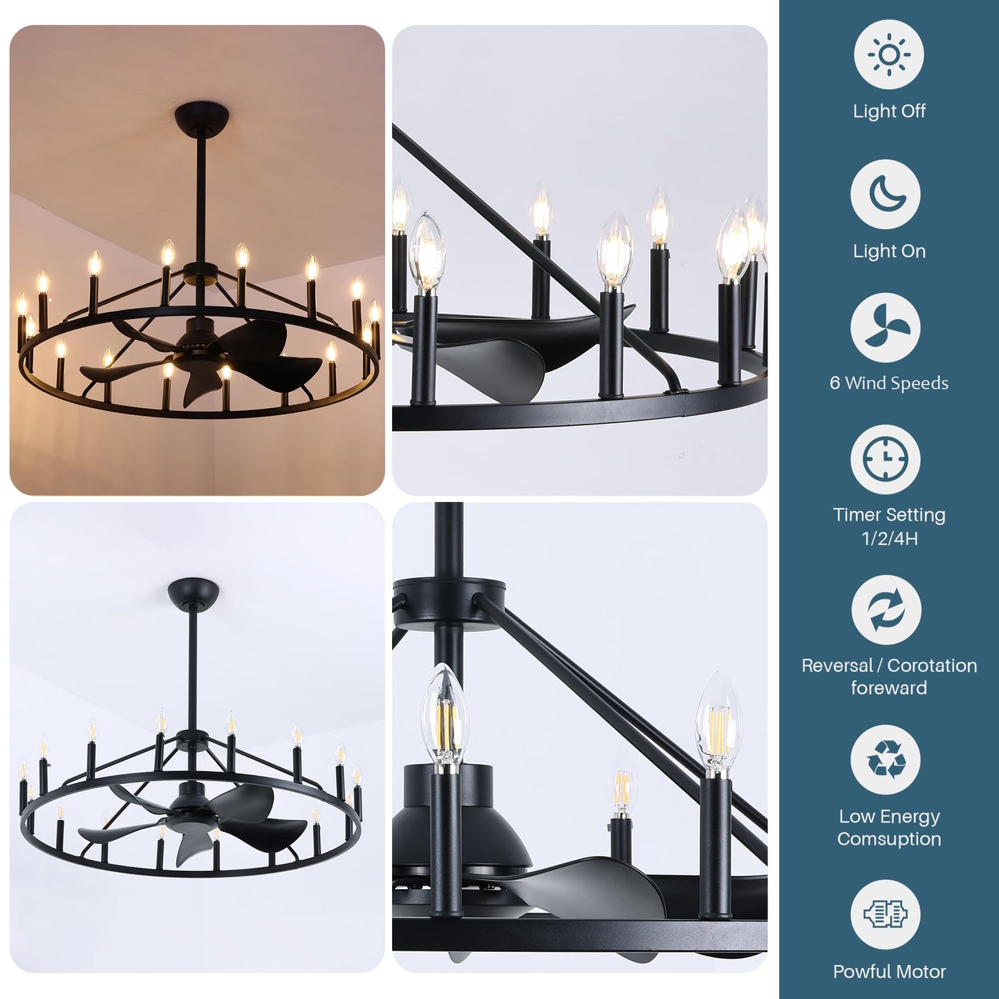 COCOSTAR 44" Black Wagon Wheel Chandelier Farmhouse Ceiling Fan with Light and Remote,16-Lights Large Fandelier with Candle,Rustic Big Light Fixture for Living Room Kichen Dining Room