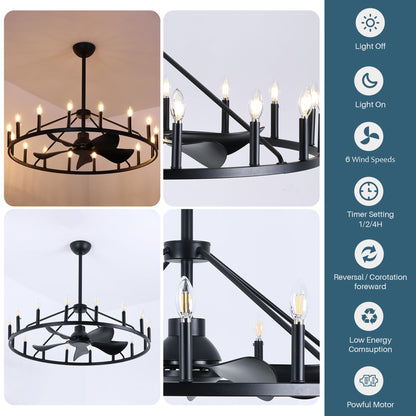 COCOSTAR 44" Black Wagon Wheel Chandelier Farmhouse Ceiling Fan with Light and Remote,16-Lights Large Fandelier with Candle,Rustic Big Light Fixture for Living Room Kichen Dining Room