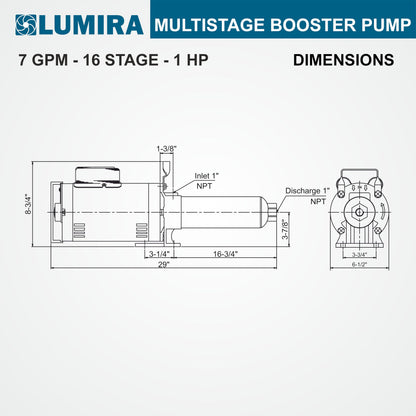 LUMIRA Multi stage booster pump - 07 GPM,16 STAGE, 1.0 hp, 115/230 Volts, 1 phase, 1" FNPT connections